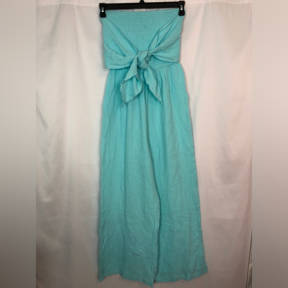 Paradise Strapless Tie-Front Jumpsuit in Aqua
Size M
